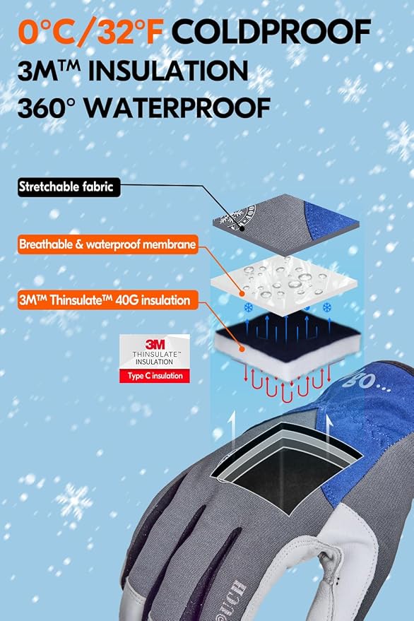 Vgo... 2-Pairs Winter Warm Work Gloves Men Women 0℃/32℉ or Above Goatskin Leather Waterproof Coldproof Freezer Gloves (Size XL, Grey, GA8977FW)