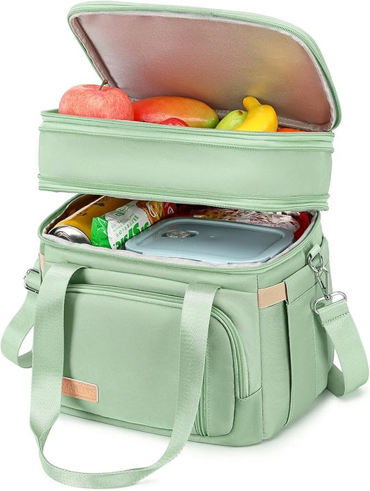 Lunch Box for Men Women - Double Deck Insulated Lunch Bag, Large Leak Proof Tote Cooler, Wide Open Dual Compartment Lunch Bags with Shoulder Strap, For Work Picnic Hiking Beach, Green