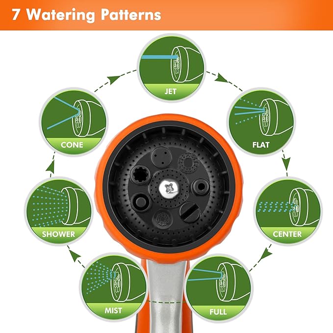 RESTMO Garden Hose Nozzle, Heavy Duty Metal Water Hose Nozzle with 7 Adjustable Spray Patterns, High Pressure Hand Sprayer with Flow Control, Best for Watering Plant & Lawn, Washing Car & Pet, Orange