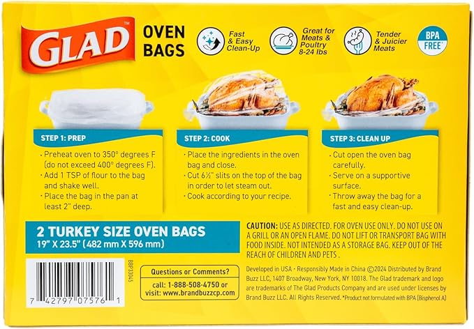 Glad Turkey Size Oven Bags for Meats & Poultry 8-24 lbs – BPA-Free* for Tender, Juicy Roasts with Fast & Easy Clean-Up, Turkey Cooking Bags, Roasting Bags, 19" x 23.5" - 2 Count (Pack of 12)