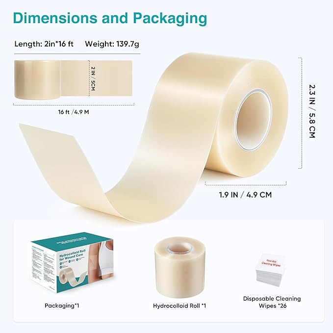 Derm Tape Hydrocolloid Roll - Acne & Pimple Patch Tape, Flexible Bandages Roll for Wound Care and Skin Protection, Cut-to-Size Hydrocolloid Tape for Daily Use (2in x 16ft)