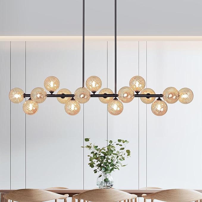 Dining Room Light Fixture, 55" Modern Chandelier Linear Sputnik Chandeliers with Amber Swirled Globe Farmhouse Chandeliers for Dining Room Kitchen island 16 Lights Large Chandelier for High Ceiling