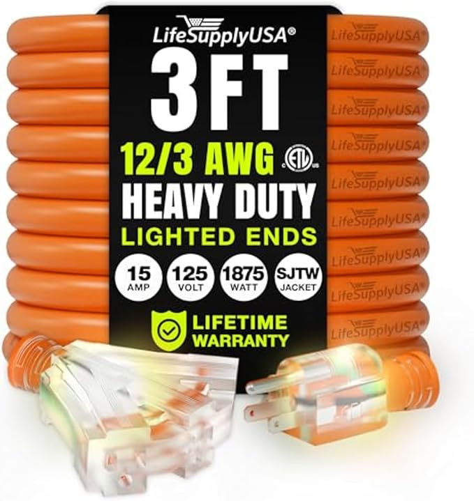 3ft Outdoor/Indoor Extension Cord 3-Outlet 12/3 Gauge Extra Heavy Duty ETL Listed, 3 Prong SJTW, Waterproof, Flexible Cold-Resistant Long Power Cord,15A 125V 1875W, Orange by LifeSupplyUSA