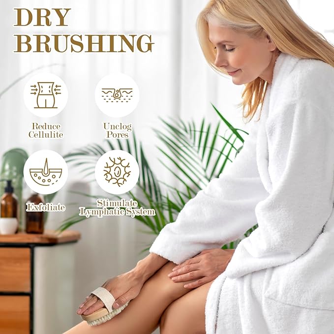 4pcs Dry Brushing Body Brush, Natural Bristle Dry Skin Exfoliating Brush Body Scrub for Flawless Skin, Cellulite Treatment, Lymphatic Drainage and Blood Circulation Improvement (Pack of 2)