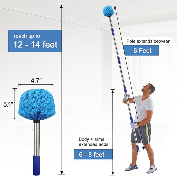 Cobweb Duster with Extension Pole, 6FT Adjustable Stainless Steel Handle & 360° Flexible Duster Head, Lightweight Washable Web Brush for High Ceiling - Indoor Outdoor Use