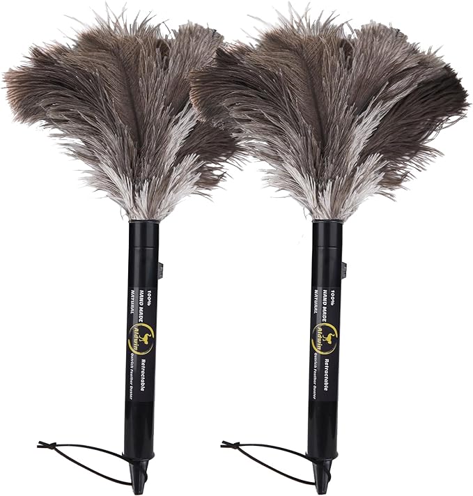 Aldwin Ostrich Feather Duster Retractable 2 Pack,16 inch Genuine Fluffy Natural Handheld Feather Dusters for Cleaning Supplies, Washable,Car, Office, Desk