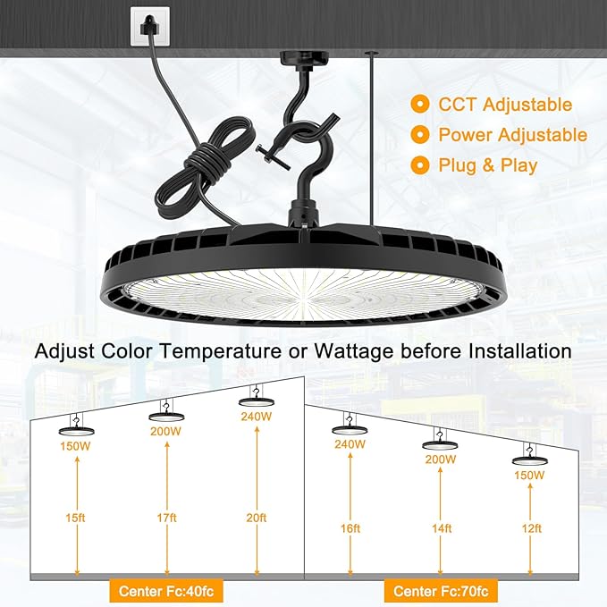 UFO LED High Bay Light 150W 120W 90W Adjustable High Bay LED Shop Lights 4500K 5000K 5700K Tunable 0-10V Dimmable for Warehouse Garage ETL DLC Listed AC100-277V (2 Pack)