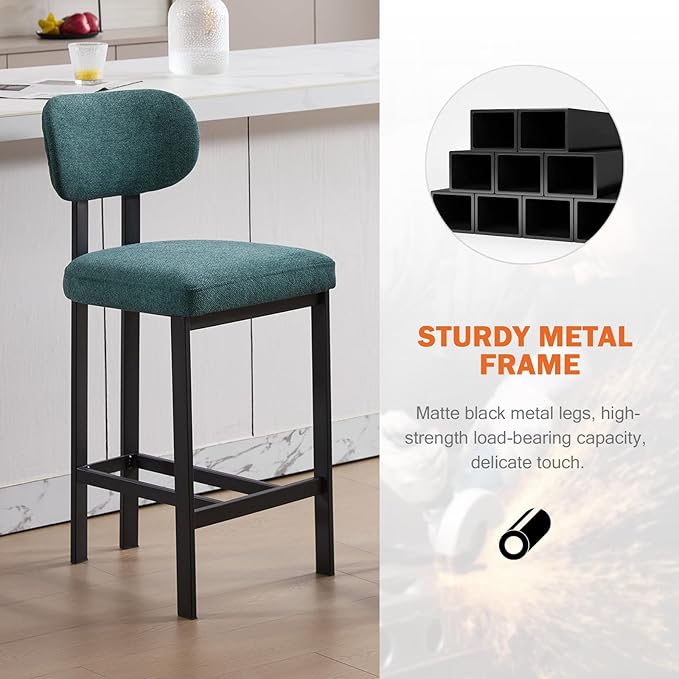 Modern Counter Stools Set of 2, 26" Upholstered Barstools with Back, Sturdy Black Metal Legs Dining Stools with Footrest for Home Pub Kitchen, Green