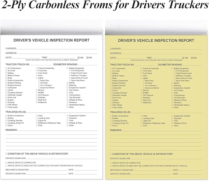 (20-Pack) Detailed Driver's Vehicle Inspection Report Book Format, 2-Ply Carbonless, 31 Sets of Forms per DVIR Log Book for Truck Drivers, 5.8" x 8.3"