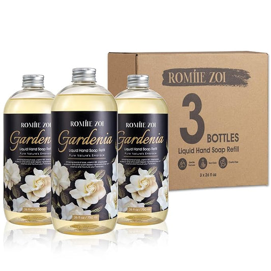 ROMIIE ZOI Hand Soap Refills, Gardenia Liquid Hand Soap, Large 750 ML / 26 FL OZ Bottles (Pack of 3), Gentle & Moisturizing Formula, Natural & Cruelty-Free for Kitchen and Bathroom Soap Dispensers