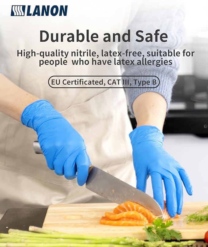 LANON Protection Blue Disposable Nitrile Gloves, Silicone-Free, Food-Safe, Chemical Resistant, Powder-Free, Textured Fingertips, Cooking, Cleaning, Case, Medium