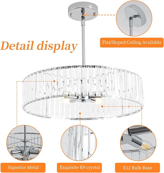 Modern Chrome Crystal Chandelier,20in Dinning Room Light Fixture,Round Kitchen Hanging Drum Pendant Lights,Semi Flush Mount Ceiling for Living Room Entryway Bedroom Foyer, 5-Light
