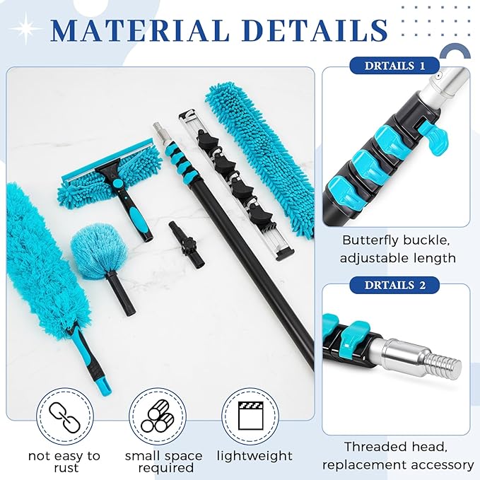 36 ft High Reach Duster Kit with 7-30 ft Extension Pole, High Ceiling Fan Cleaner Duster Tool for Fan Blades, Window Squeegee, Washable Dust Brush for Roof and Glass Surfaces