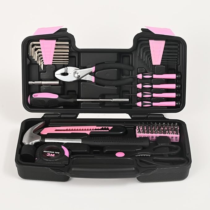 58-Piece Pink Tool Kit Basic Home Repair Tool Set, General Household Hand Tool Kit,Small Tool Kit with Plastic Toolbox Mini Tool kit for Women, Office & College Repairs
