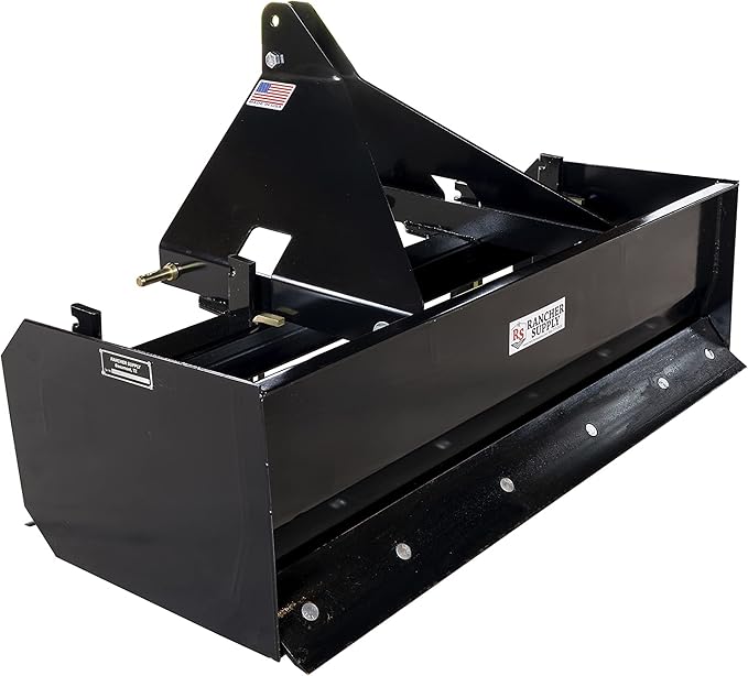 4 FT Box Blade Scraper by Rancher Supply – CAT 1-3 Point Hitch Attachments for Moving Dirt, Backfilling Holes, Spreading Soil, Leveling and Grading Land