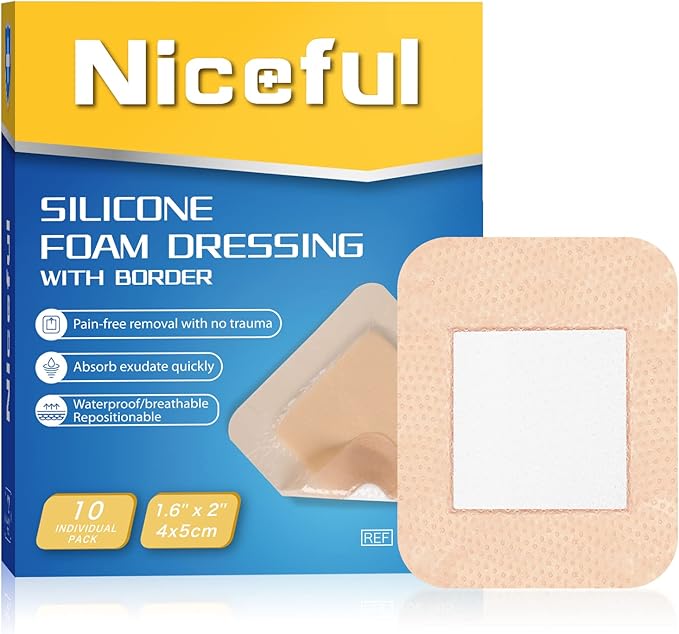 10 Count Silicone Foam Dressing 1.6" x 2", Wound Dressing for Minor Surgical Incisions, Abrasions, Absorbent Silicone Bandages for Sensitive Skin, Small Bed Sore Bandages
