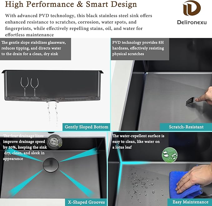 32 Inch Black Kitchen Sink Undermount - Delironexu Undermount Kitchen Sink Black, 16 Gauge Stainless Steel Sinks Single Bowl, 32''x19'' black Stainless Steel sink with 4 Accessories