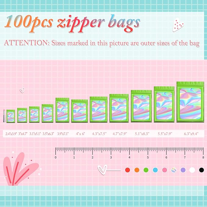 Funfery 100 pcs Green Mylar Holographic Bags Packaging Bags,Clear Sealing Zipper Bag Resealable Smell Proof,Foil Pouch Bag for Food Storage,Gloss,Lash Packaging for Small Business(2.4x3.9In)
