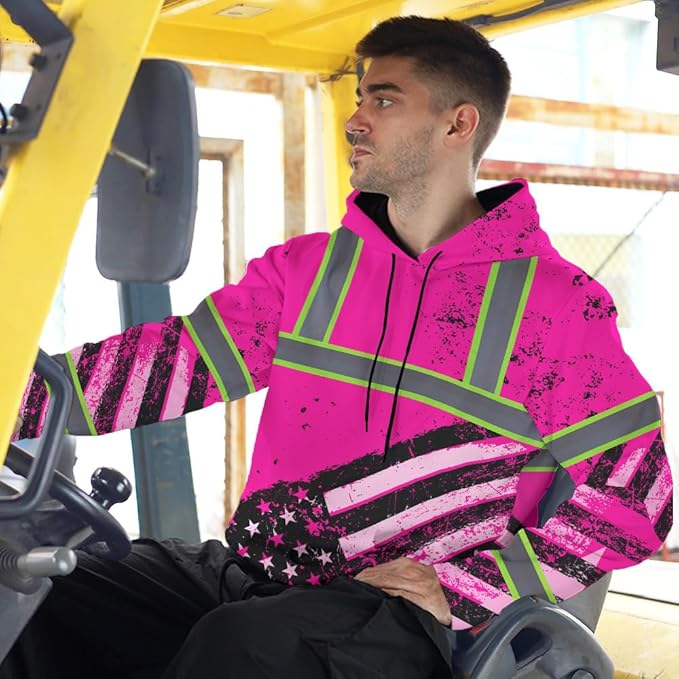 Color US Flag High Visibility Hoodie for Men Women Reflective Tapes Safety Workwear for Worker Runner Patriotic