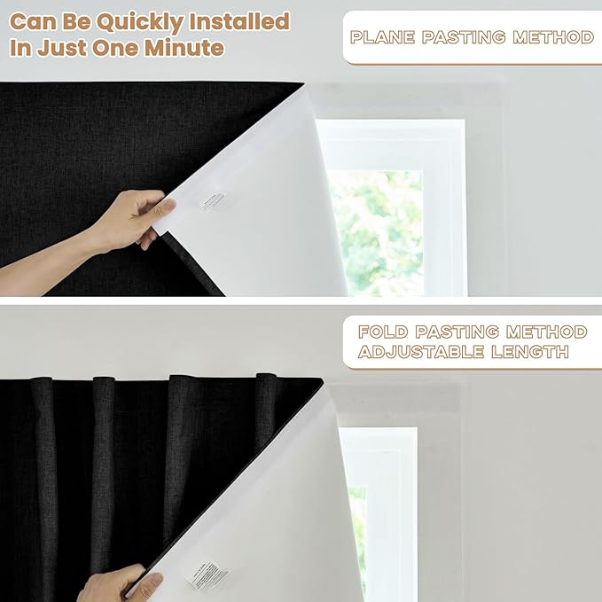 100% Blackout French Door Curtain,Adhesive, No Drilling Required,Small Curtains Designed for Installation On Doors (Black - W25 × L72 in)