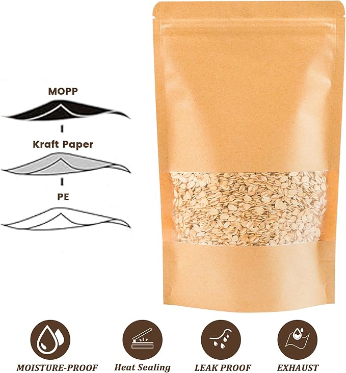 100PCS Kraft Paper Bags with Window(3.6" X 5.5"), Resealable Paper Bags for Food Storage, Stand Up Treat Bag Reusable for Candy, Cookie, Heat Seal Paper Bag for Small Business