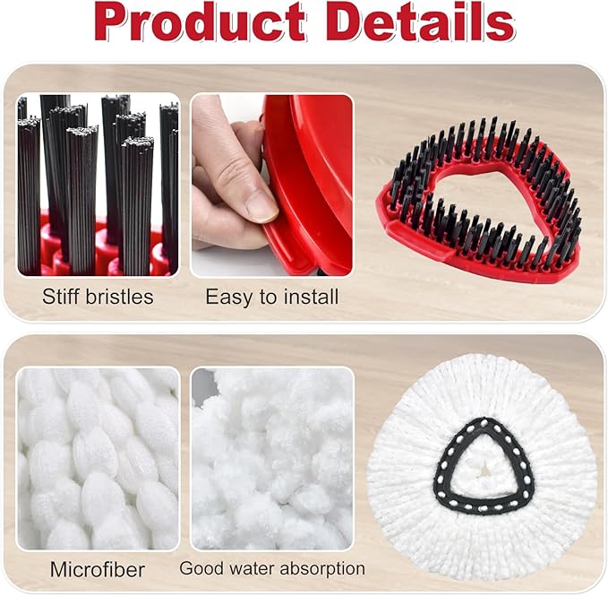 Spin Mop Handle,Mop Replace Heads,Brush and Base Compatible with O Cedar EasyWring 1 Tank,2 Microfiber Mop Refills and Brush,4-Section 30-58" Mop Handle,Mop Base Combo Set for Wet/Dry Floor Cleaning