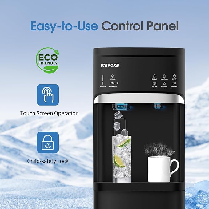 3 in 1 Self-Cleaning Water Dispenser with Ice Maker, Bottom Loading Hot and Cold Water Cooler for 5 Gallon Bottle - Includes Child Safety Lock & Nightlight - Water Machine for Home, Office