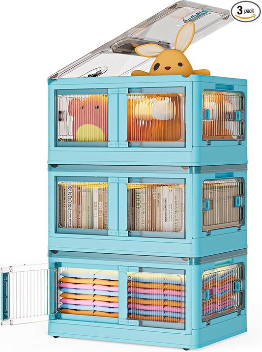 148QT Large Storage Bins with Lids, 36.9 Gal Plastic Stackable Storage Bins with Doors & Wheels, 5-Open Ways Collapsible Storage Bins for Closet Organizers and Storage-Room Office Livingroom Dorm