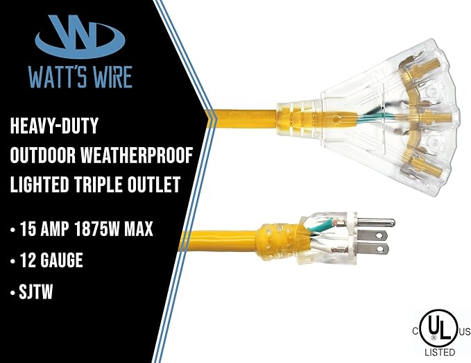 25 ft Outdoor Extension Cord Waterproof - 12 Gauge Heavy Duty Extension Cord Splitter - Lighted Outdoor Extension Cords with Multiple Outlets - Watts Wire - 25' Grounded - extensiones electricas