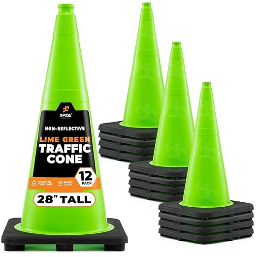 Xpose Safety 28” Lime Green Traffic Cone - 12 Pack - Premium PVC Safety Cone for Parking, Caution, Construction, Road Crews, Emergency Vehicle - DOT Approved