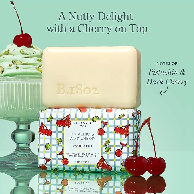 Beekman 1802 Pistachio & Dark Cherry Goat Milk Soap- Scented - 9 oz - Cleanses, Nourishes & Hydrates - Certified Microbiome Friendly - No Irritation - Good for Sensitive Skin