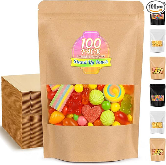 Smell Proof Bag, 100 Pack Mylar Bags for Small Business, Food Storage Bags with Window, Dog Treat Bag, Bakery Bags, Candy Packaging, Resealable Paper Stand Up Pouch (7.1"x10.2")