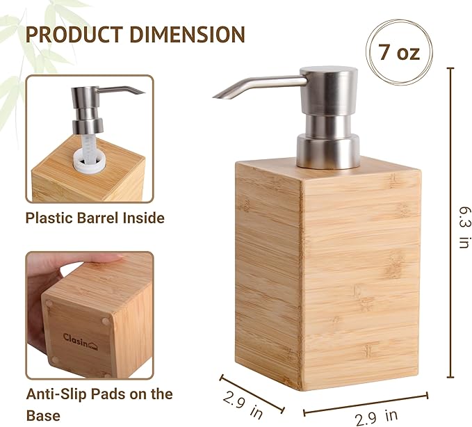Bamboo Soap Dispenser with Anti-Slip Pads and Stylish Horizontal Wood Grain, Hand Dispenser for Bathroom, Kitchen, Dish, Lotion, Shampoo, Liquid Soap (7 Oz)