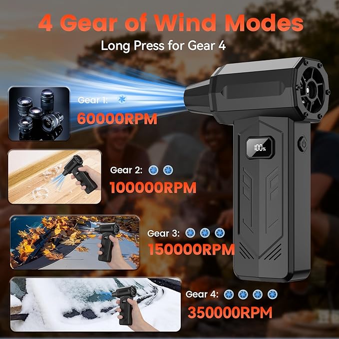 Compressed Air Duster,350,000RPM Turbo Jet Blower with LED Display and Light,4-Gear Adjustable Mini Air Broom,Electric Air Duster for Keyboard,PC,Car and Home,Replace Compressed Air Can (Black)