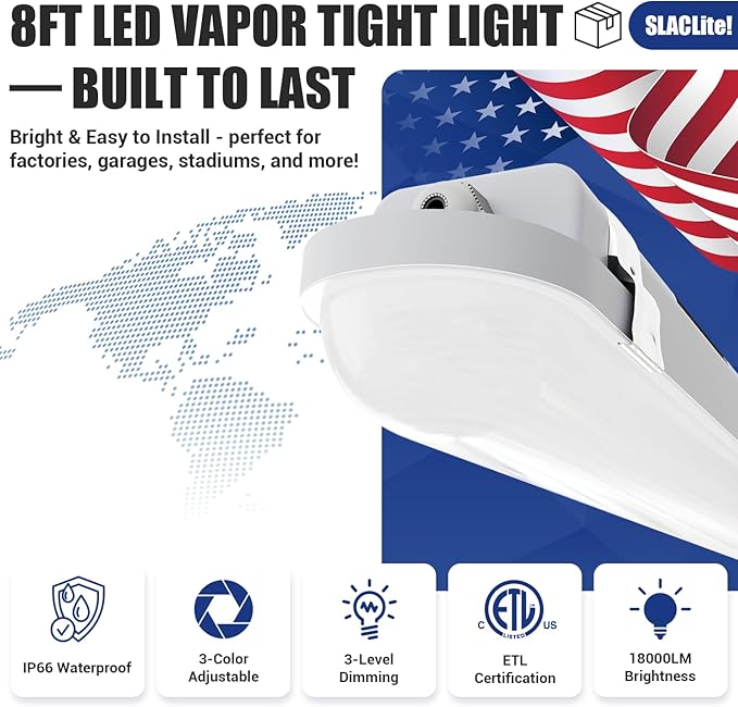 8FT LED Vapor Tight Light 120W/100W/80W,3000K/4000K/5000K CCT Selectable 18000lm (150W Eq.) IP66 Waterproof Outdoor Shop Light LED Vapor Proof Fixture for Car Wash, Parking Lot, Garage 1-Pack