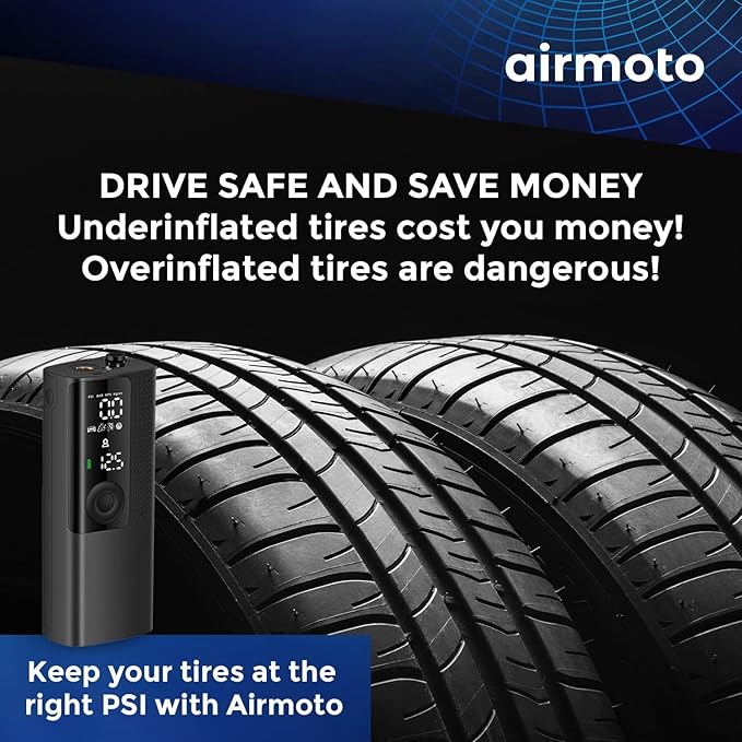 Airmoto Tire Inflator Portable Air Compressor - Air Pump For Car Tires with Digital Pressure Gauge, LED Light and Auto Shut-Off Function - Cordless Pump for Car, Motorcycle, Bicycle, Ball