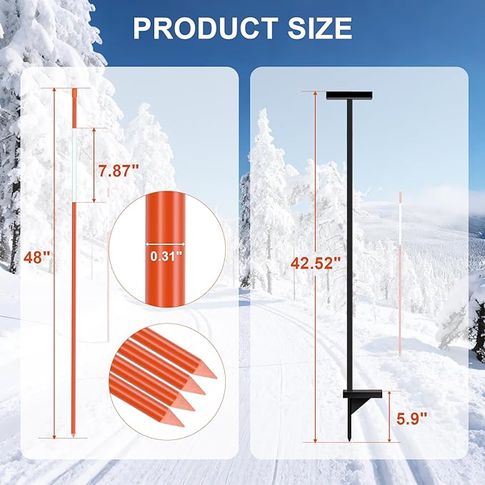 100PCS 48" Driveway Markers, 5/16 Inch Dia Reflective Driveway Poles with Installation Tool, Orange Fiberglass Snow Stakes with Reflective Tape for Parking Lots, Walkways