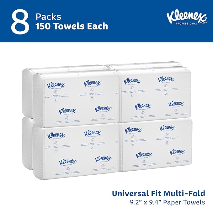 Kleenex Professional Universal Multifold Paper Towels, Bulk (02046), Absorbency Pockets, 9.2" x 9.4" Towel, White (150 Sheets/Pack, 8 Packs/Case, 1,200 Sheet Total)