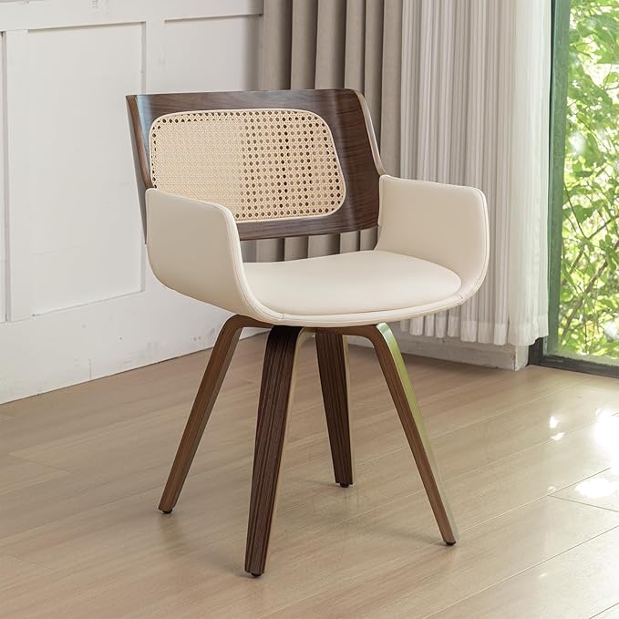 Set of 1 Swivel Dining Chair - Swivel Walnut Dining Chair with Ergonomic Cane Back, Bentwood Frame, Curved Arms, MCM Dining Chairs for Kitchen/Conference/Restaurant/Living Room (Walnut Beige)