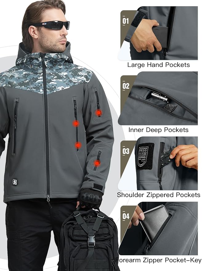 FREE SOLDIER Men's Outdoor Waterproof Soft Shell Hooded Military Tactical Jacket