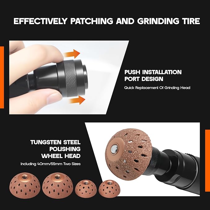 Air Tire Repair Polish Patch Tools - 2500RPM Low-Speed Buffer with Tungsten Carbide Wheel, Inner Liner Scraper & Patch Roller | Complete Polish & Patch Tool Set for Air Tires