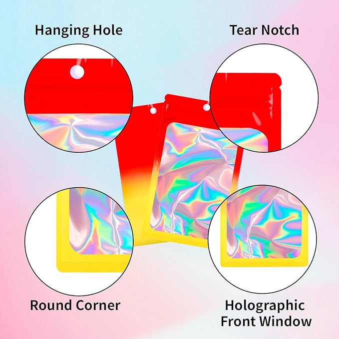 200 Pack Resealable Mylar Holographic Bags Food Storage Smell Proof Bags with Front Window Foil Packaging Pouch for Candy Sample Jewelry Small Business 4.13×5.91 Inch, Red Fade Yellow