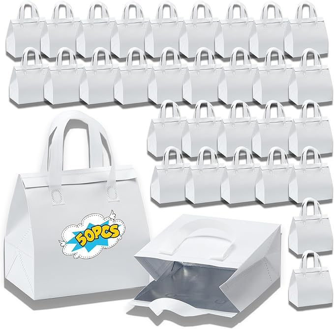 50 Pcs Insulated Take Away Bags, Disposable Lunch Bags For Food Takeaways, Coffee, Milk Tea, Seafood, Pizza, For Restaurants And Grocery Shops 9.5 x 6 x 10 In (white)
