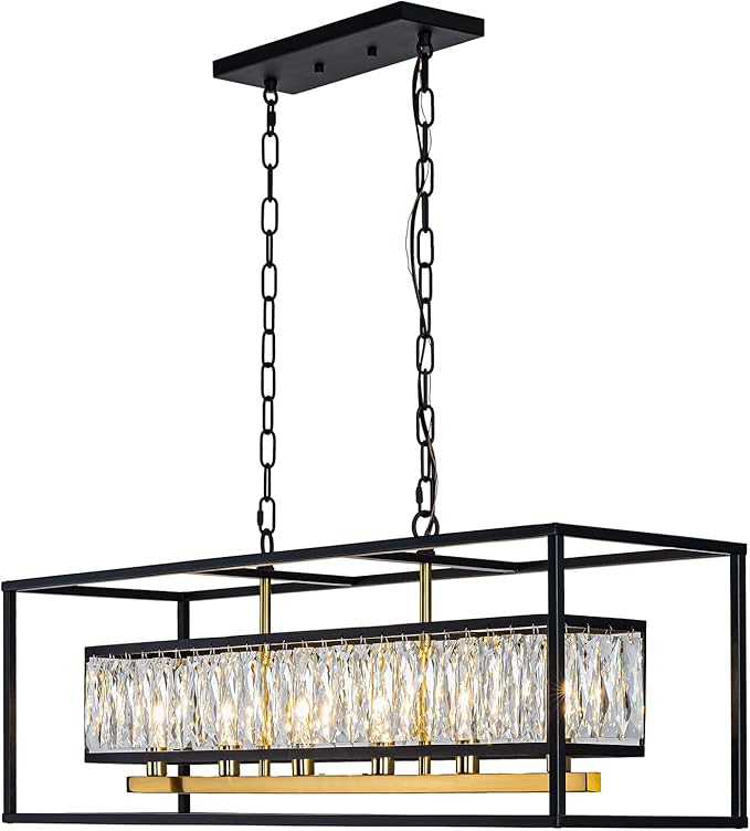 Crystal Chandeliers for Dining Room 6-Light Modern Black Gold Chandelier Rectangle Luxury Ceiling Light Fixture for Kitchen Island L35''