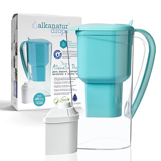 Alkanatur Alkaline Hydrogen Water Filter Pitcher - Removes Fluoride, Chlorine, Microplastics, PFAs, Lead - Activated Coconut Charcoal Carbon Filter - Water Ionizer, pH of 9.5, Adds Magnesium
