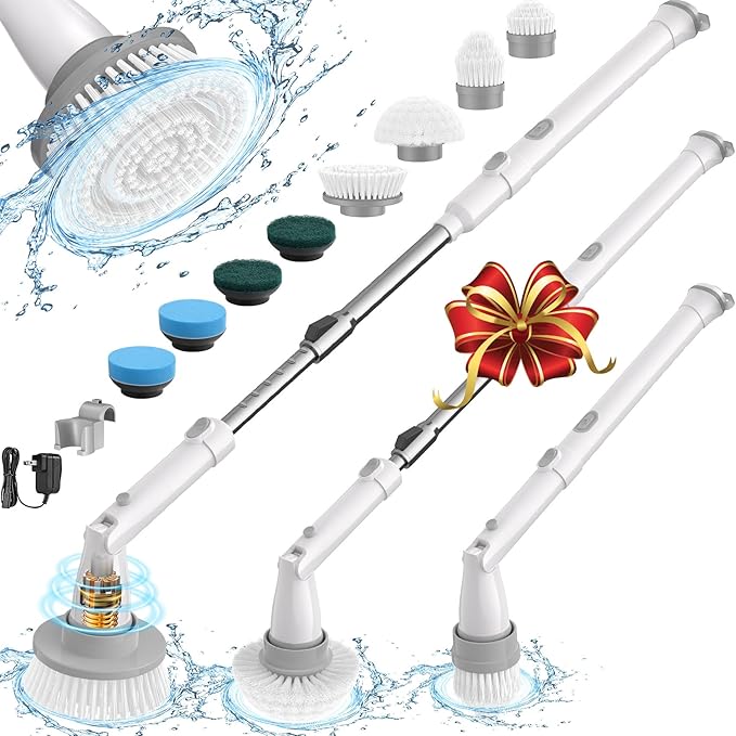 Sweepulire Electric Spin Scrubber SW1, Shower Scrubber with Long Handle, 2 Spin Speeds, Electric Bathroom Scrubber with 8 Replacement Heads, Bath Tub Cleaner Brush for Floor, Tub, Shower, Tile