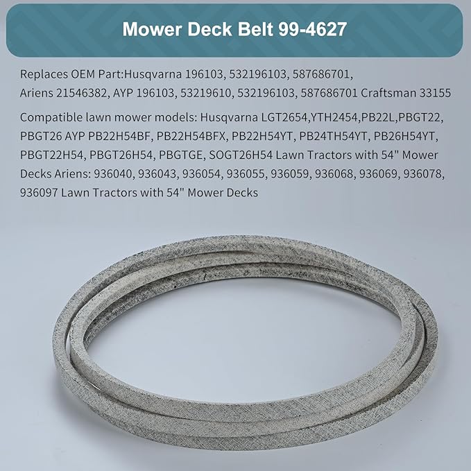 5/8 x 148'' V-Belt Replace for Exmark 99-4627,99-4627-SL, 54‘’ Deck Belt for Husqvarna 196103 532196103 587686701, Ariens 21546382 AYP 196103 Craftsman 33155 Kevlar Lawn Mower Belt (196103)