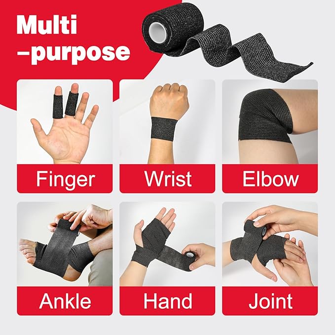 AZEN 40 Pack Self Adhesive Bandage Wrap Black, 2" X 5 Yards Black Athletic Tape, Vet Wrap, Tattoo Grip Tape Wrap，Ankle Tape, Cohesive Bandage Wrap