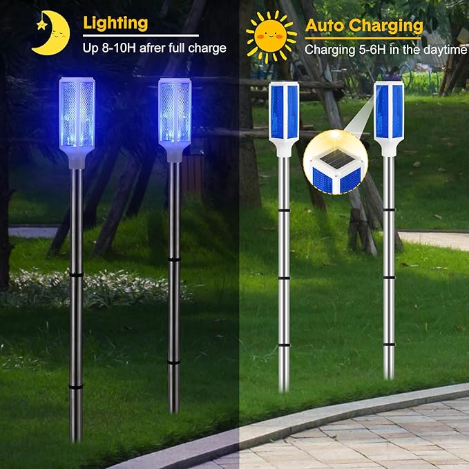 Macarrie 6 Pcs Solar Powered Driveway Markers Reflector Lights Landscape Driveway Reflectors on Poles for Snow Road Outdoor Yard(37 Inch,Blue)