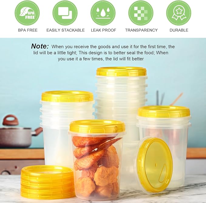 24 Pcs 32 oz Food Storage Freezer Container with Twist Top Lids Reusable Plastic Soup Food Containers with Screw on Lids Leakproof Round Containers for Juice Condiments Fruit Snacks Leftovers(Yellow)